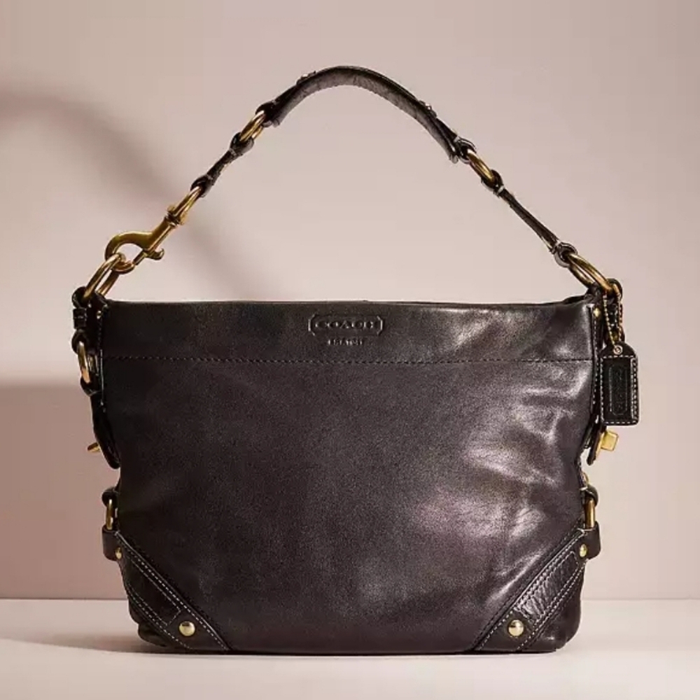 VINTAGE Coach Black Leather Carly Brass Hardware Hobo Shoulder Bag.🖤💛